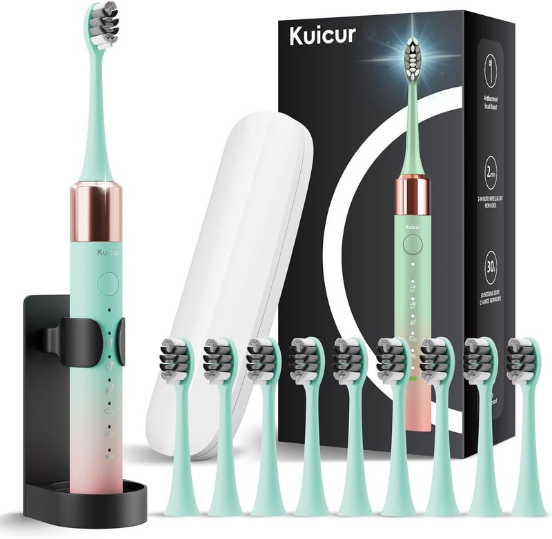 Kuicur فرشاة أسنان كهربائية محمولة ناعمة مع علبة سفر، عمر بطارية يصل إلى 90 يومًا، 10 رؤوس فرشاة، 5 أوضاع تنظيف عميق، مصممة بشكل مريح لراحة محسّنة - هدية مثالية للبالغين والأطفال - Image 1